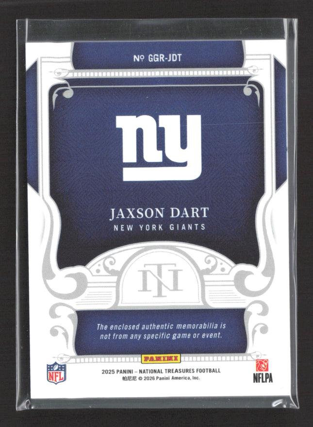 2025 Panini National Treasures Game Gear Jaxson Dart #GGR-JDT RC Patch Gold /10