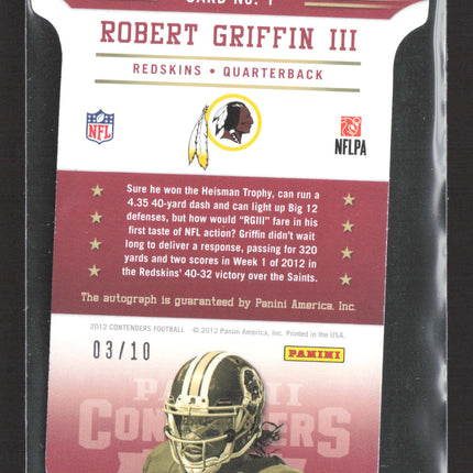 2012 Panini Contenders Rookie of the Year Contenders Robert Griffin #1 /10 Auto