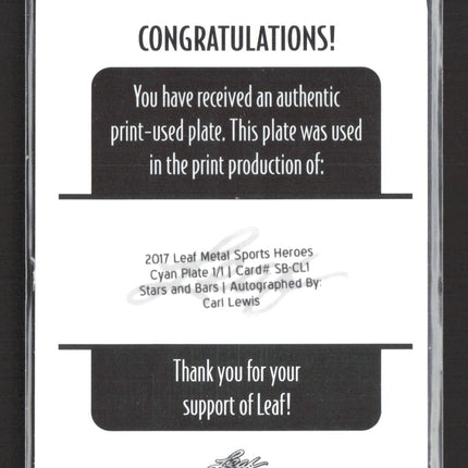 2017 Leaf Metal Sports Heroes Carl Lewis #SB-CL1 Cyan Printing Plate 1/1 Auto