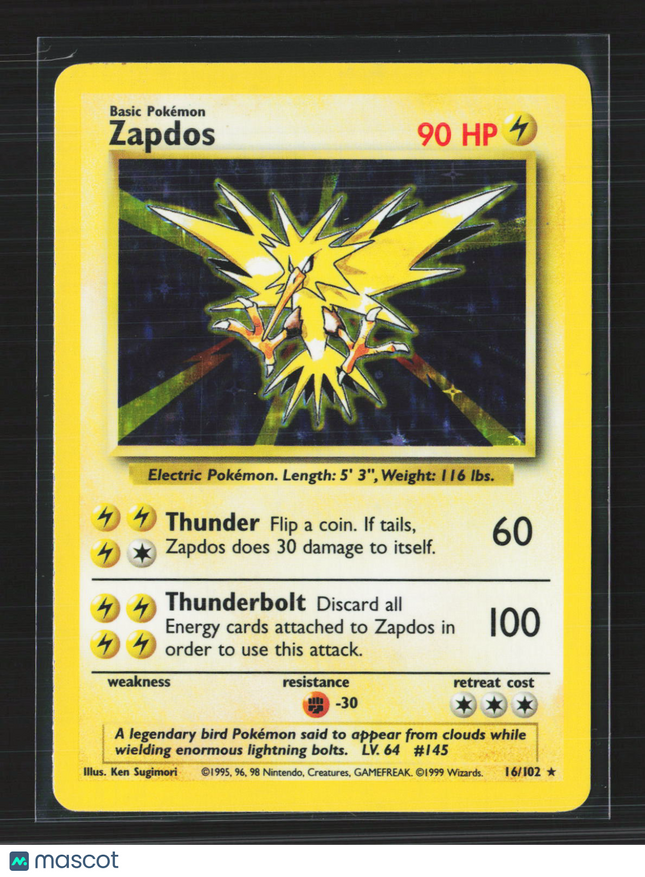 Pokemon 1999 Base Set Zapdos #16/102