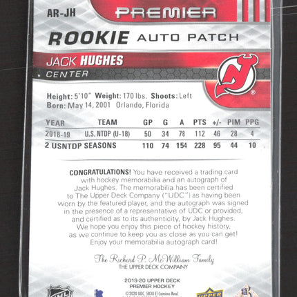 2019-20 Upper Deck Premier Jack Hughes #AR-JH 81/99 Rookie Auto Patch