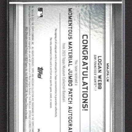 2023 Topps Museum Momentous Material Jumbo Patch Autograph Logan Webb /15