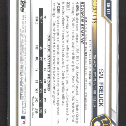 2021 Bowman Draft Sal Frelick #BD-172 Sky Blue 1st Bowman /499
