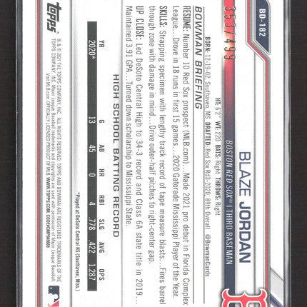 2021 Bowman Draft Blaze Jordan #BD-182 Sky Blue 353/499