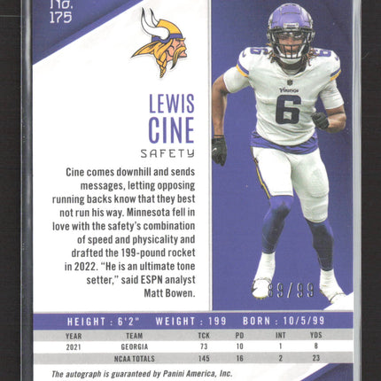 2022 Panini Phoenix Football Lewis Cine #175 RC 89/99 Auto Pink