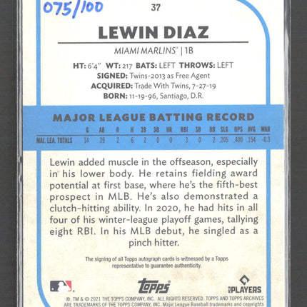 2021 Topps Archives Snapshots Lewin Diaz #37 Black and White Negative /100 Auto