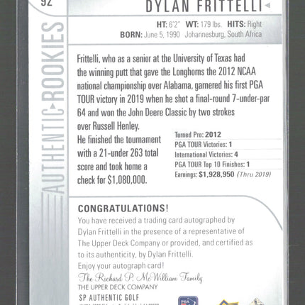 2021 Upper Deck SP Authentic Golf Rookies Dylan Frittelli #92 334/799 Auto