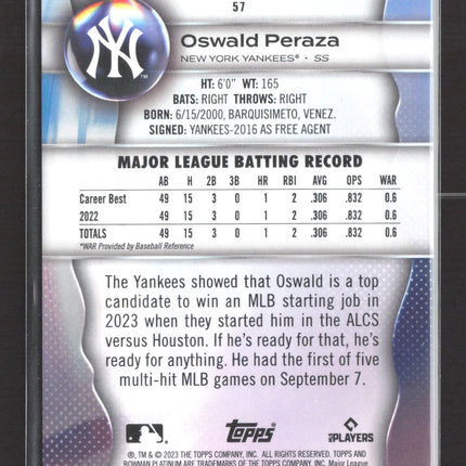 2023 Topps Bowman Platinum Oswald Peraza #57 RC 110/250
