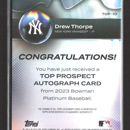 2023 Bowman Platinum Drew Thorpe #TOP-10 Auto