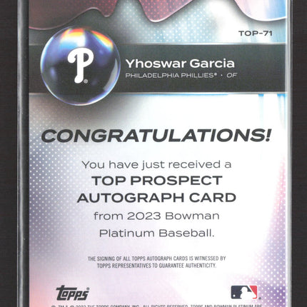 2023 Bowman Platinum Yhoswar Garcia #TOP-71 Auto