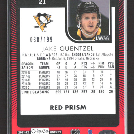 2021 O-Pee-Chee Platinum Jake Guentzel #21 Red Prism 038/199