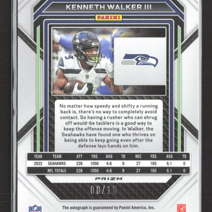 2022 Panini Chronicles Prizm Black Kenneth Walker III #PB-19 08/10 RC Gold Auto