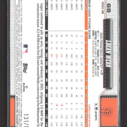 2026 Topps Series One Logan Webb #69 Blue Border /150