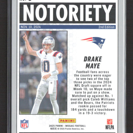 2025 Panini Mosaic Notoriety Drake Maye #3 Silver Prizm