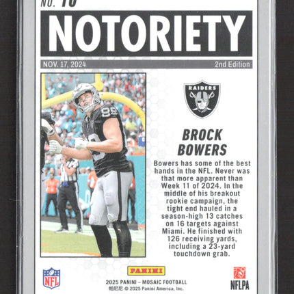 2025 Panini Mosaic Football Notoriety Brock Bowers #10 Silver Prizm