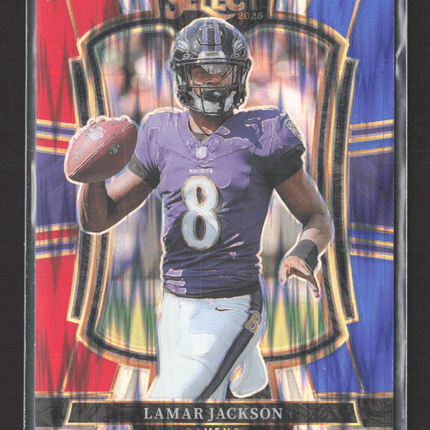 2026 Panini Select Prizm Premier Level Lamar Jackson #160 Red White Blue Shock