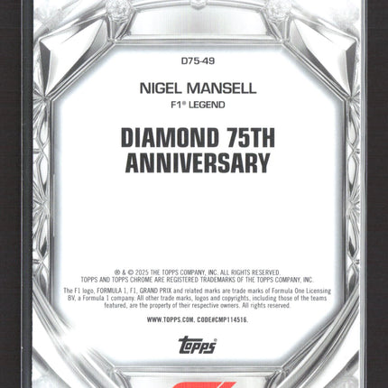 2025 Topps Chrome F1 Diamond 75th Anniversary Nigel Mansell #D75-49 F1 Legend
