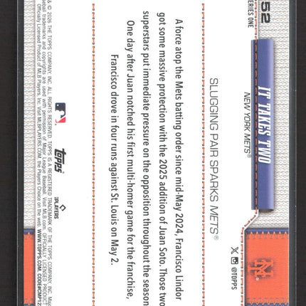 2026 Topps Series One Francisco Lindor Juan Soto #52 Silver Foil