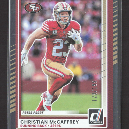 2025 Panini Donruss Football Christian McCaffrey #161 Press Proof Red 123/199