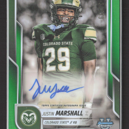 2025 Bowman Chrome University Justin Marshall #BCA-JMA Green Refractor Auto /99