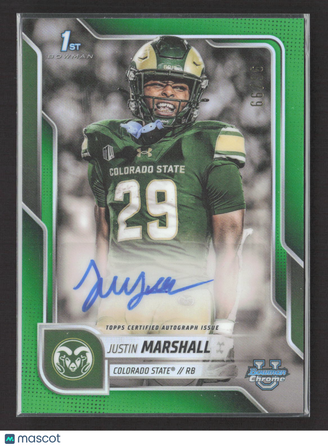 2025 Bowman Chrome University Justin Marshall #BCA-JMA Green Refractor Auto /99