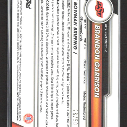 2024 Bowman Chrome University Brandon Garrison #64 Gold Refractor 26/50 1st