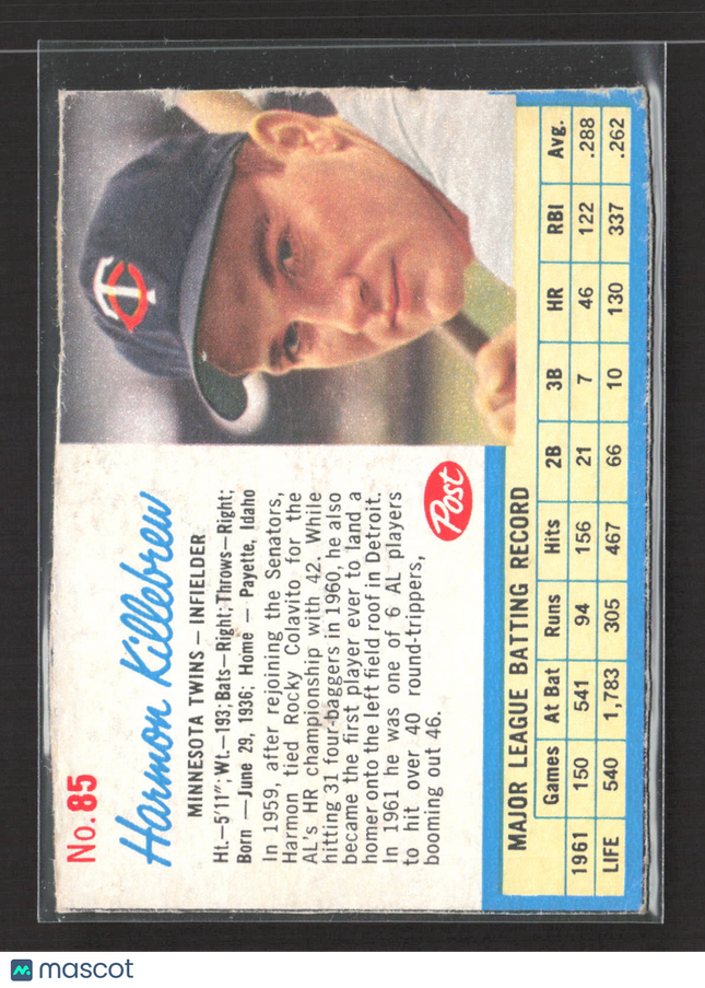 1962 Post Cereal Harmon Killebrew #85