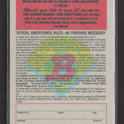 1989 Bowman Sweepstakes Mickey Mantle 1953 Replica Reprint