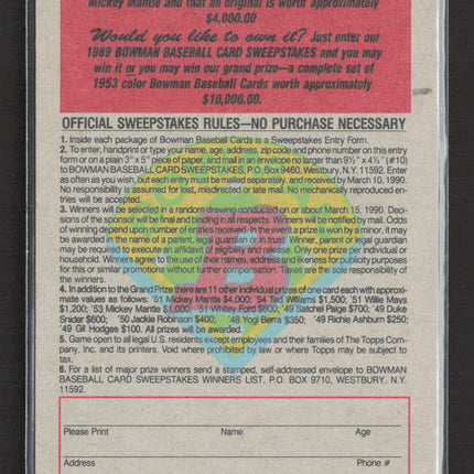 1989 Bowman Sweepstakes Mickey Mantle Reprint