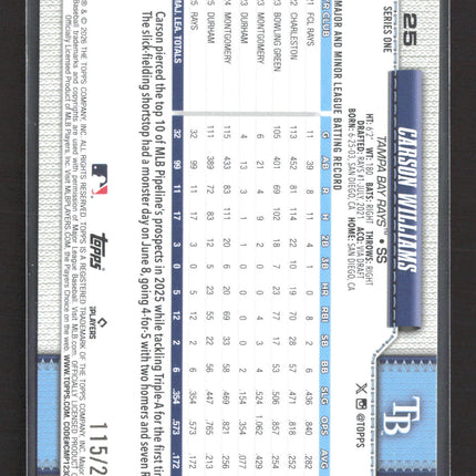 2026 Topps Series One Carson Williams #25 Purple RC /250
