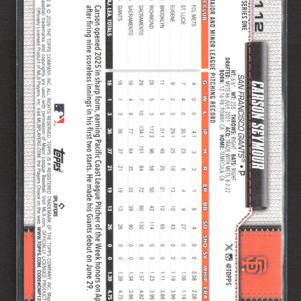 2026 Topps Series One Carson Seymour #112 Silver Foilboard RC
