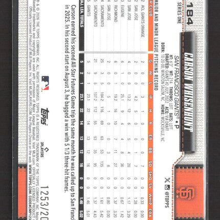 2026 Topps Series One Carson Whisenhunt #184 Gold RC /2026