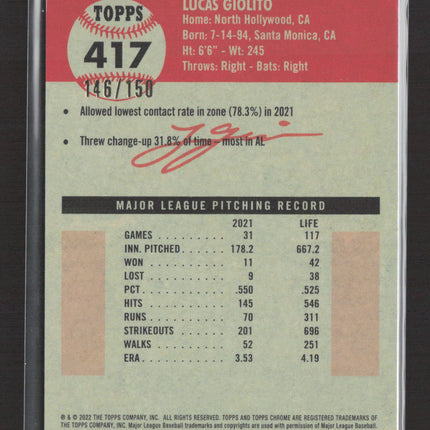 2022 Topps Chrome Lucas Giolito #417 Speckle Refractor 146/150