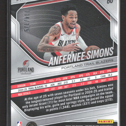 2025 Panini Prizm Black Anfernee Simons #60 114/175 White Prizm