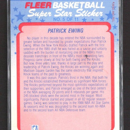 1988 Fleer Basketball Super Star Sticker Patrick Ewing #5