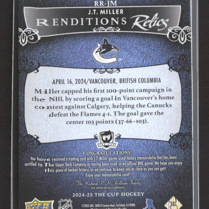 2025 Upper Deck The Cup Renditions Relics J.T. Miller #RR-JM Game-used Jersey