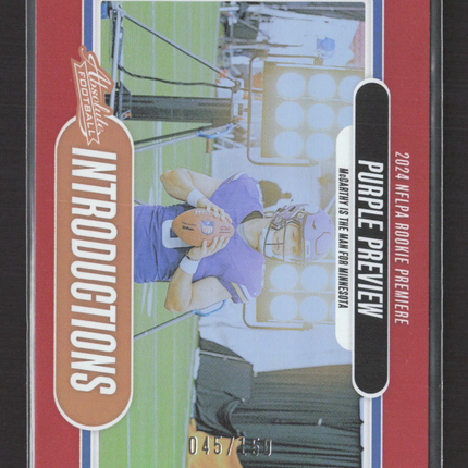 2024 Panini Absolute Introductions J.J. McCarthy #I-JMY Purple Preview /150