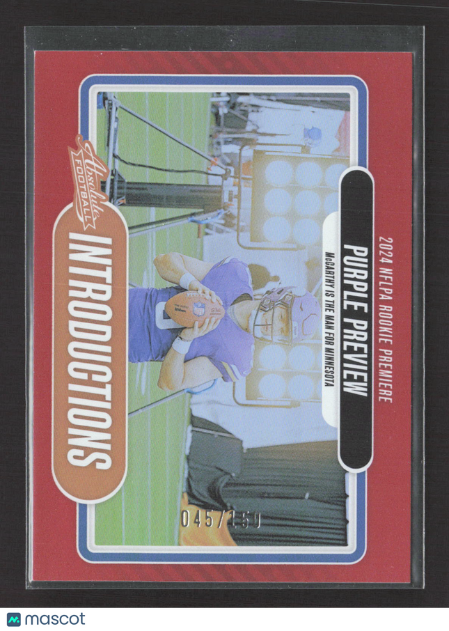 2024 Panini Absolute Introductions J.J. McCarthy #I-JMY Purple Preview /150