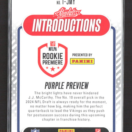2024 Panini Absolute Introductions J.J. McCarthy #I-JMY Purple Preview /150