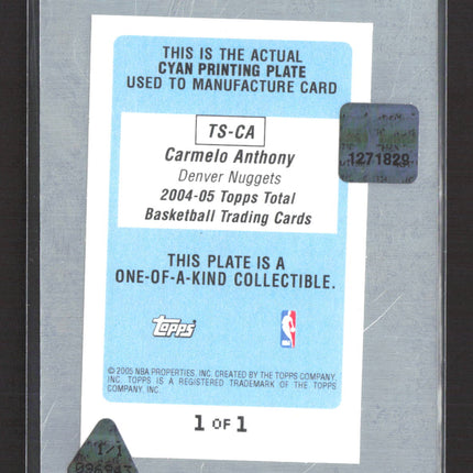 2004-05 Topps Total Carmelo Anthony #TS-CA Cyan Printing Plate Cyan 1/1 Auto