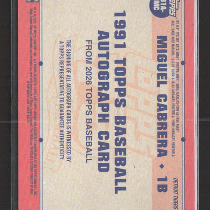 2026 Topps Baseball 1991 Topps Auto Card Miguel Cabrera #91A-MC Gold 26/50