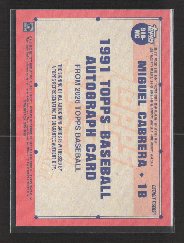 2026 Topps Baseball 1991 Topps Auto Card Miguel Cabrera #91A-MC Gold 26/50