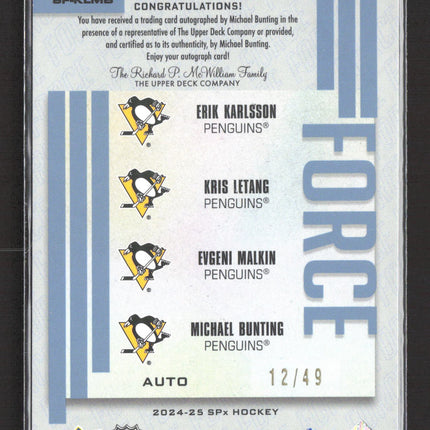 2024 UD SPx Force Karlsson Evgeni Malkin Kris Letang Michael Bunting Auto /49