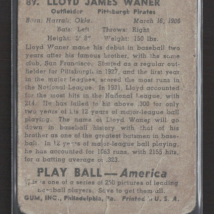1939 Play Ball Lloyd James Waner #89