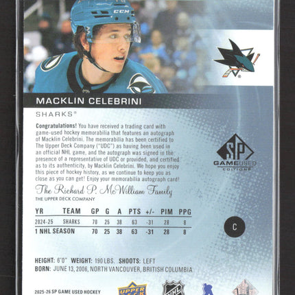 2026 Upper Deck SP Game Used Hockey Macklin Celebrini #160 Red Jersey Auto /15