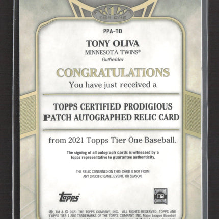 2021 Topps Tier One Tony Oliva #PPA-TO Patch Auto 10/10