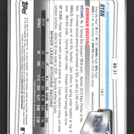 2020 Bowman Chrome Joe Ryan #BD-31 Purple Sapphire /10