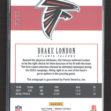 2022 Panini Honors Prizm Drake London #38 RC 10/15 Purple Auto