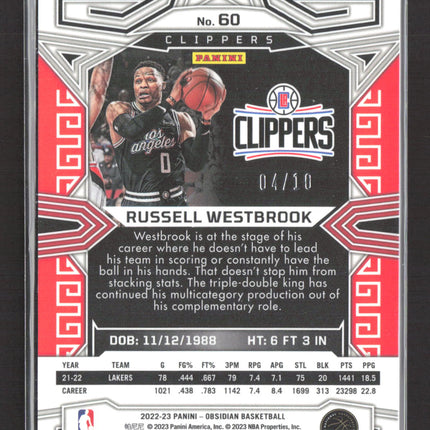 2023 Panini Obsidian Russell Westbrook #60 Yellow Contra /10