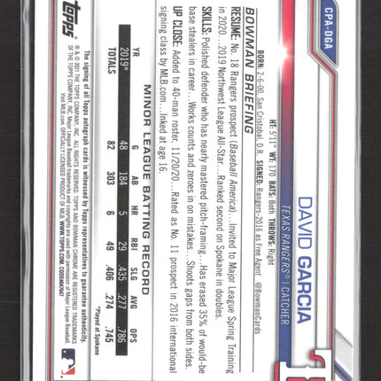 2021 Bowman Chrome David Garcia #CPA-DGA 1st Auto